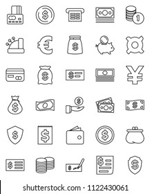 thin line vector icon set - dollar coin vector, credit card, wallet, cash, money bag, piggy bank, investment, stack, check, receipt, shield, any currency, euro sign, yen, cashbox