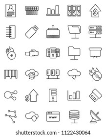 thin line vector icon set - personal information vector, graph, dollar growth, binder, presentation board, music hit, social media, network, server, folder, cloud shield, exchange, browser, hub, usb