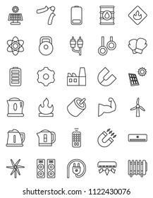 thin line vector icon set - kettle vector, atom, magnet, weight, hand trainer, muscule, boxing glove, gymnast rings, flammable, oil barrel, remote control, battery, rca, gear, solar panel, windmill