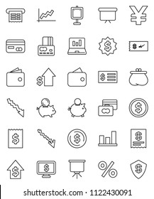 thin line vector icon set - presentation vector, dollar coin, graph, laptop, credit card, wallet, crisis, piggy bank, growth, receipt, board, medal, monitor, yen sign, percent, check, shield