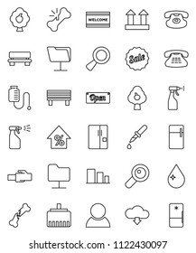 thin line vector icon set - water drop vector, welcome mat, sprayer, percent growth, top sign, sorting, classic phone, magnifier, dropper, broken bone, counter, network folder, lan connector, bench