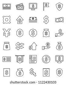 thin line vector icon set - exchange vector, dollar coin, cash, money bag, investment, growth, receipt, medal, flag, shield, monitor, cursor, any currency, yen sign