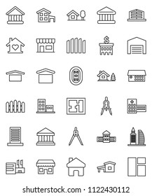 thin line vector icon set - school building vector, drawing compass, university, bank, stadium, dry cargo, hospital, home, cottage, chalet, barn, fence, plan, apartments, office, love, store, mall