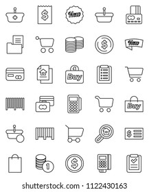 thin line vector icon set - dollar coin vector, cart, credit card, stack, receipt, estate document, search, new, shopping bag, buy, barcode, reader, basket, list