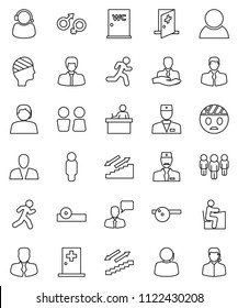 thin line vector icon set - water closet vector, student, manager, man, stairways run, support, client, speaking, doctor, gender sign, eye hat, head bandage, medical room, consumer