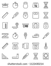 thin line vector icon set - measuring cup vector, scales, corner ruler, sand clock, stopwatch, weight, big, thermometer, store, kitchen