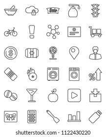 thin line vector icon set - washer vector, liquid soap, spatula, grater, apple fruit, certificate, dollar coin, graph, percent growth, manager, bike, first aid kit, traffic light, glass, cargo, pin
