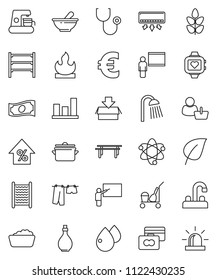 thin line vector icon set - cleaner trolley vector, drying clothes, foam basin, washboard, shower, water tap, pan, oil, blackboard, atom, leaf, graph, credit card, cash, percent growth, euro sign