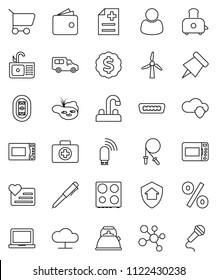 thin line vector icon set - sink vector, water tap, kettle, toaster, microwave oven, pen, notebook pc, paper pin, wallet, dollar medal, jump rope, molecule, heart monitor, first aid kit, stadium