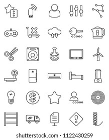 thin line vector icon set - no trolley vector, big scales, shelving, disk, settings, favorites, flask, scissors, network, cloud exchange, usb modem, document, login, attention sign, windmill, fridge