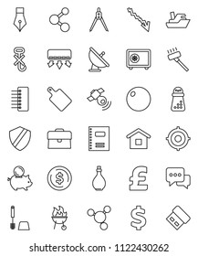 thin line vector icon set - vacuum cleaner vector, toilet brush, oil, cutting board, hand mill, bbq, copybook, pen, drawing compass, molecule, dollar coin, crisis, piggy bank, case, target, safe
