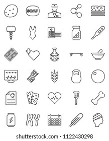 thin line vector icon set - soap vector, potato, fitball, swimsuite, skateboard, enegry drink, molecule, calendar, cereals, breads, bone, weight, heart pulse, cross, doctor, thermometer, flask