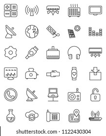 thin line vector icon set - world vector, flask, heart monitor, navigator, phone, package, satellite antenna, radio, equalizer, headphones, hdmi, diagnostic, notebook network, cloud exchange, gear
