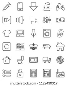 thin line vector icon set - toilet vector, microwave oven, pen, university, calculator, notebook pc, school bus, abacus, arrow down, pound, t shirt, target, speaker, gamepad, settings, mobile phone