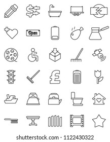 thin line vector icon set - fetlock vector, rake, toilet, kettle, turk coffee, chicken leg, pencil, exchange, pound, traffic light, ship, truck trailer, tulip, package, film frame, spool, satellitie