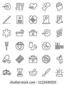 thin line vector icon set - pills vector, doctor bag, ambulance star, heart pulse, gender sign, pregnancy, insemination, crutches, scalpel, broken bone, sand clock, patch, blister, mortar, microbs