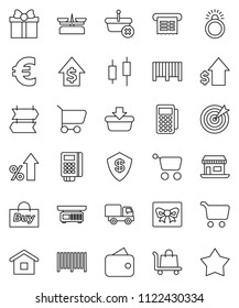 thin line vector icon set - cart vector, japanese candle, percent growth, dollar, euro sign, office, gift, wallet, target, buy, barcode, card reader, receipt, basket, home, trolley, delivery, shield