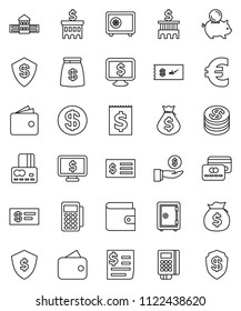 thin line vector icon set - school building vector, credit card, wallet, money bag, piggy bank, investment, receipt, dollar shield, safe, monitor, euro sign, coin, reader, check