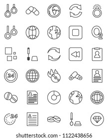 thin line vector icon set - toilet brush vector, world, personal information, pie graph, gymnast rings, oxygen, earth, music hit, stop button, backward, pills, refresh, loading, globe, 24 hour