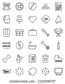 thin line vector icon set - trash bin vector, bath, skimmer, blender, jug, oil, case, bell, compass, award cup, leaf, personal information, hierarchy, roller Skates, bone, phone 24, document, heart