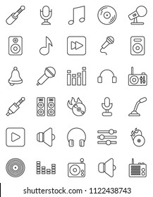 thin line vector icon set - bell vector, music, disk, hit, microphone, radio, speaker, equalizer, headphones, play button, forward, jack