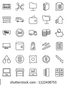 thin line vector icon set - hand mill vector, exchange, laptop graph, wallet, crisis, piggy bank, dollar growth, coin stack, binder, any currency, boxing glove, stairways run, truck trailer, car