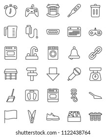 thin line vector icon set - scoop vector, clothespin, sponge, trash bin, washer, water tap, measuring cup, scales, bell, alarm clock, flag, arrow down, snickers, calendar, no hook, microphone, hdmi