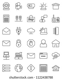 thin line vector icon set - calculator vector, world, dry cargo, video camera, speaking man, mail, server, notebook network, cloud, glass, browser, hub, home, lock, user, attention sign, stop, siren
