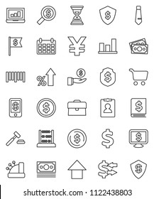 thin line vector icon set - abacus vector, exchange, dollar coin, graph, cart, laptop, percent growth, case, investment, auction, annual report, money search, sand clock, arrow up, flag, tie, shield