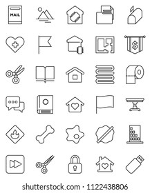 thin line vector icon set - splotch vector, toilet paper, towel, book, scissors, flag, dollar, bone, document, flammable, dialog, forward button, heart cross, mailbox, mountain, plan, table, smart