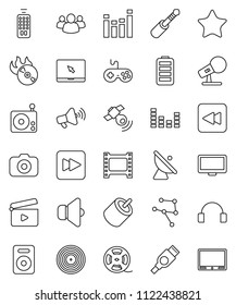 thin line vector icon set - satellite antenna vector, cinema clap, film frame, spool, disk, music hit, camera, microphone, radio, satellitie, speaker, loudspeaker, gamepad, equalizer, remote control