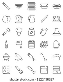 thin line vector icon set - kettle vector, colander, cook hat, glove, towel, whisk, ladle, knife, rolling pin, meat hammer, mixer, oven, spices, blender, bbq, plates, jug, sieve, cereal, egg, oil