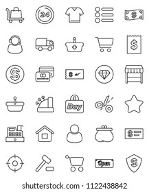 thin line vector icon set - cart vector, receipt, credit card, dollar coin, wallet, cash, star, open, 24 hour, market, customer, support, target, buy, cashbox, basket, home, auction, trolley, check