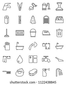 thin line vector icon set - soap vector, water tap, vacuum cleaner, fetlock, mop, scoop, bucket, clothespin, sponge, towel, trash bin, drop, car, window cleaning, welcome mat, iron, steaming, bath