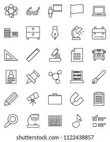 thin line vector icon set - pen vector, pencil, school building, blackboard, corner ruler, glasses, case, backpack, atom, telescope, microscope, table lamp, notebook pc, schedule, clipboard, magnet