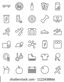 thin line vector icon set - diet vector, scales, pills vial, jump rope, hand trainer, punching bag, fitball, buttocks, snickers, t shirt, roller Skates, skateboard, medal, enegry drink, molecule