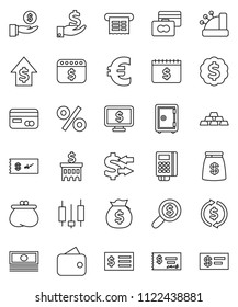 thin line vector icon set - exchange vector, japanese candle, credit card, cash, money bag, investment, dollar growth, check, bank building, receipt, search, medal, safe, calendar, monitor, wallet