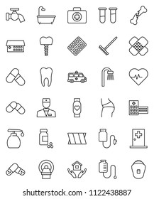 thin line vector icon set - rake vector, water tap, liquid soap, house hold, heart pulse, pills vial, buttocks, monitor, first aid kit, doctor, broken bone, patch, blister, hospital building, tooth
