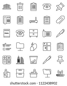 thin line vector icon set - trash bin vector, shining window, student, pen, clipboard, paper pin, archive, exam, phone, classic, thumbtack, network folder, attachment, mailbox, office building