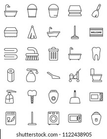 thin line vector icon set - cleaner trolley vector, broom, fetlock, mop, scoop, bucket, sponge, towel, trash bin, welcome mat, bath, toilet, liquid soap, paper, microwave oven, tooth, implant