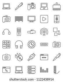 thin line vector icon set - pen vector, notebook pc, clock, music hit, camera, antenna, equalizer, headphones, play button, hdmi, big data, browser, lan connector, loading, barcode, calculator