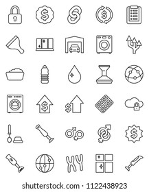 thin line vector icon set - scraper vector, water drop, car fetlock, toilet brush, foam basin, shining window, blender, exchange, dollar growth, medal, bottle, internet, gender sign, pills blister
