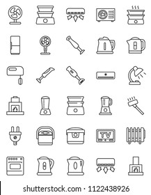 thin line vector icon set - vacuum cleaner vector, kettle, double boiler, blender, table lamp, tv, air conditioner, ari condition, fridge, power plug, mixer, multi cooker, oven, fan, heater