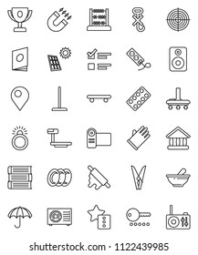 thin line vector icon set - vacuum cleaner vector, mop, clothespin, rubber glove, plates, rolling pin, book, award cup, magnet, abacus, exam, university, skateboard, target, umbrella, no hook, radio