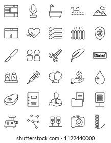 thin line vector icon set - water drop vector, bath, closet, spices, steak, copybook, pen, investment, boxing glove, shorts, client, consolidated cargo, camera, microphone, heart pulse, syringe