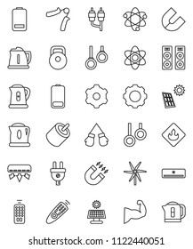 thin line vector icon set - kettle vector, atom, magnet, weight, hand trainer, muscule, boxing glove, gymnast rings, flammable, remote control, battery, rca, gear, solar panel, windmill, power plug