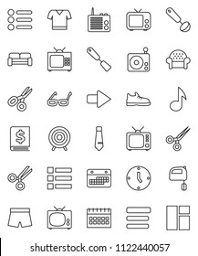 thin line vector icon set - spatula vector, ladle, mixer, glasses, scissors, music, annual report, clock, tie, calendar, snickers, shorts, t shirt, target, radio, tv, menu, arrow, window