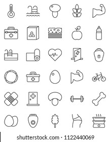 thin line vector icon set - cereal vector, egg, mushroom, apple fruit, barbell, heart pulse, bike, muscule hand, buttocks, water bottle, fitness mat, cereals, breads, pool, bone, hoop, doctor bag