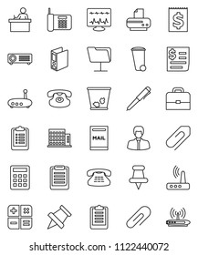 thin line vector icon set - trash bin vector, student, case, pen, clipboard, paper pin, manager, binder, receipt, classic phone, thumbtack, diagnostic monitor, network folder, router, attachment