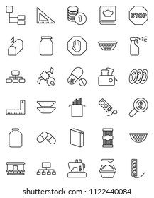 thin line vector icon set - washing powder vector, sprayer, colander, cookbook, plates, jar, pasta, corner ruler, coin stack, money search, hierarchy, pills, satellite, Railway carriage, stop